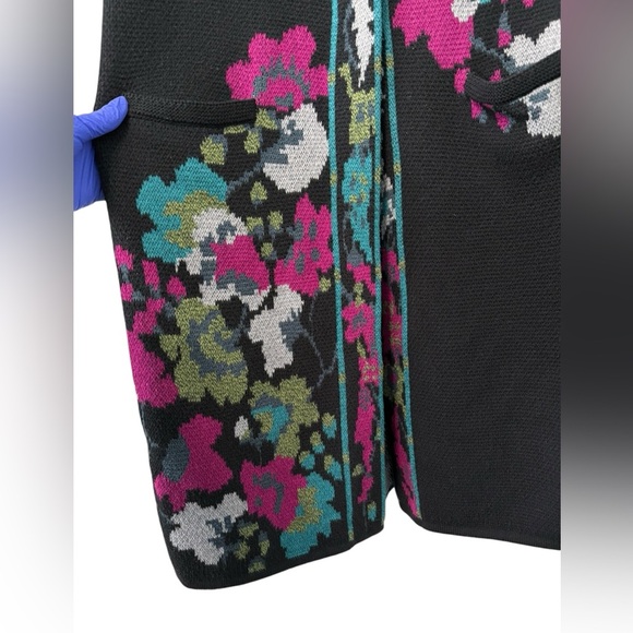 J. Jill Black Floral Jacquard Long Sweater Duster Coat Cardigan Medium - Picture 9 of 16